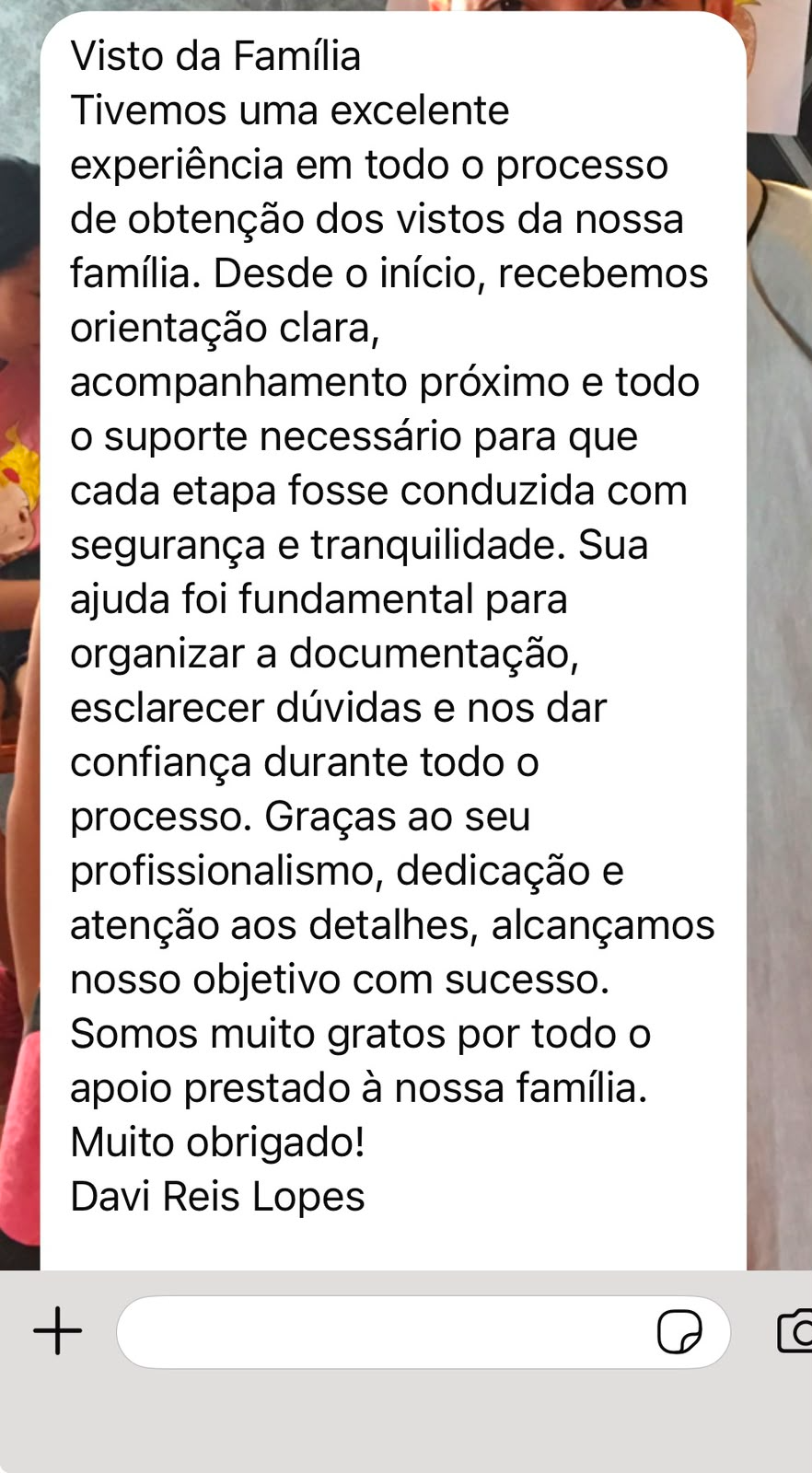 Depoimento no WhatsApp — visto de família aprovado